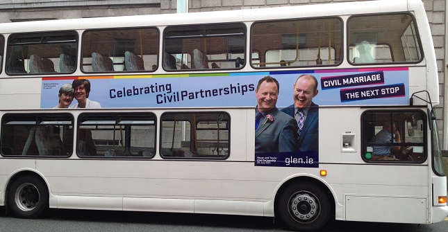 Bus with ad that says Celebrating Civil Partnership - Next Stop: Civil Marriage