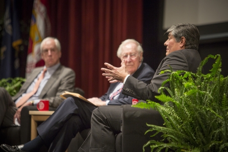 Christopher G. Oechsli, foreground, speaks with President Emeritus Frank H.T. Rhodes, center, and interim President Hunter Rawlings during the 2016 Olin Lecture in Bailey Hall. Photo: Lindsay France/University Photography